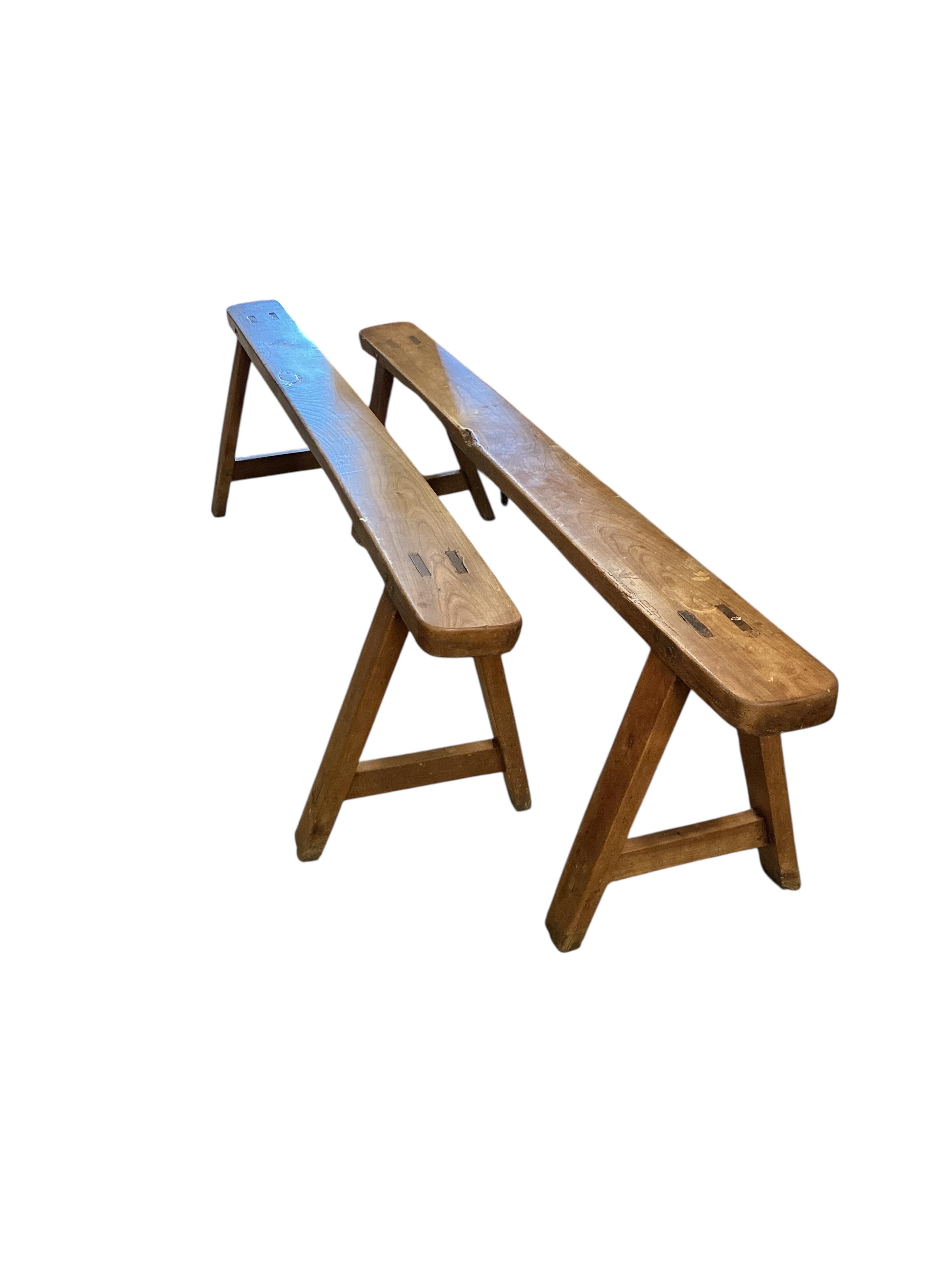 A pair of 19th century elm and bench seats, width 180cm, height 50cm